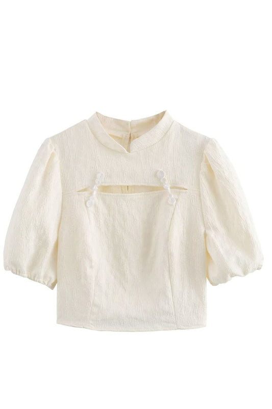 'Isla' Bubble Sleeve Stand Collar Hollow Out Blouse