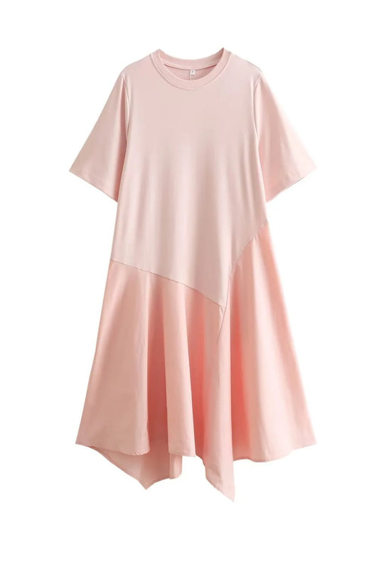'Olivia'Round Neck Patchwork Asymmetrical Dress（2 Colors)