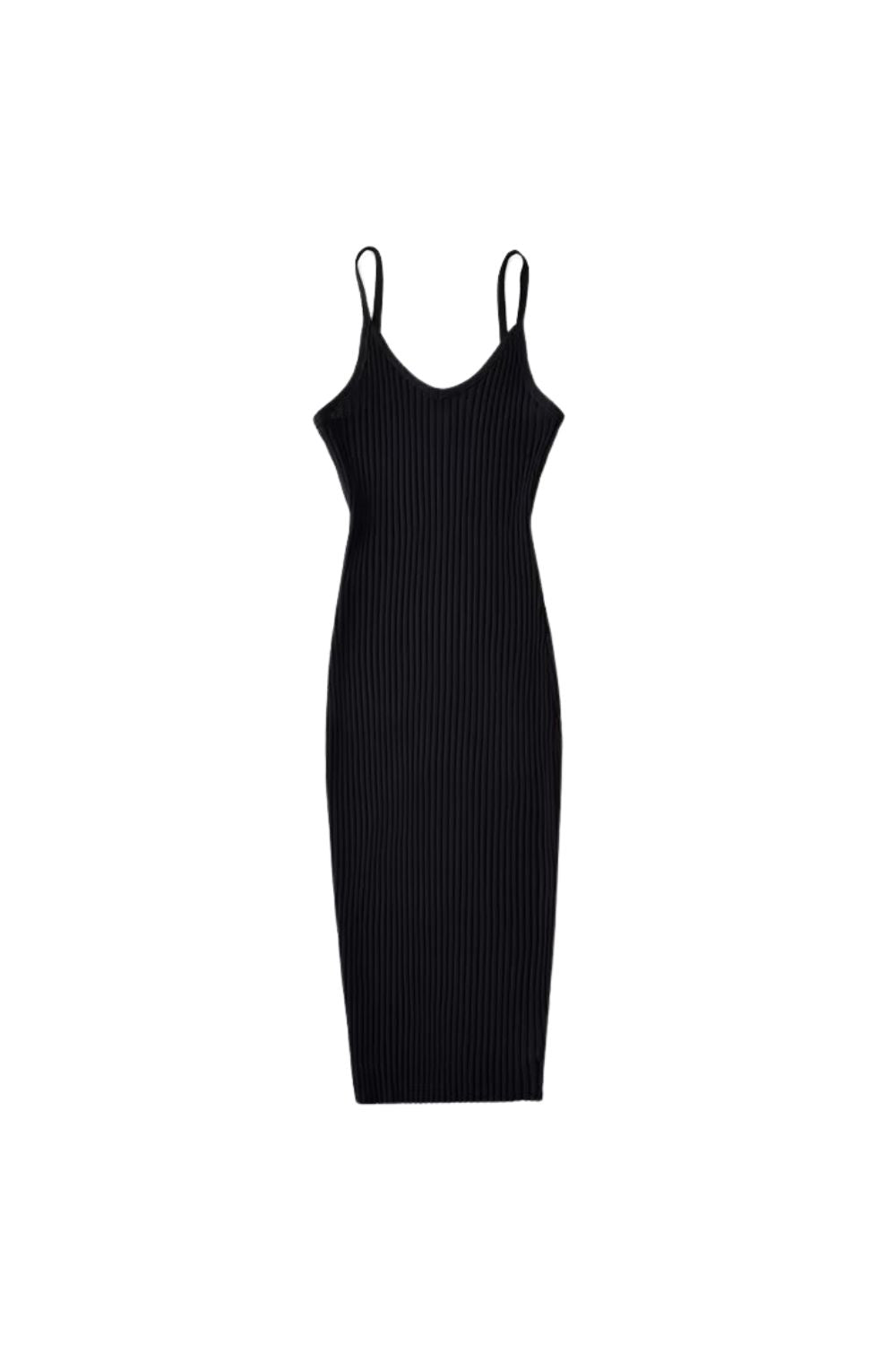 'Leah' V-Neckline Delicate Spaghetti Straps Ribbed midi Dress