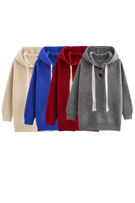 'Anna' Solid-Color Buttoned Hooded Pullover Long-Sleeve Sweater
