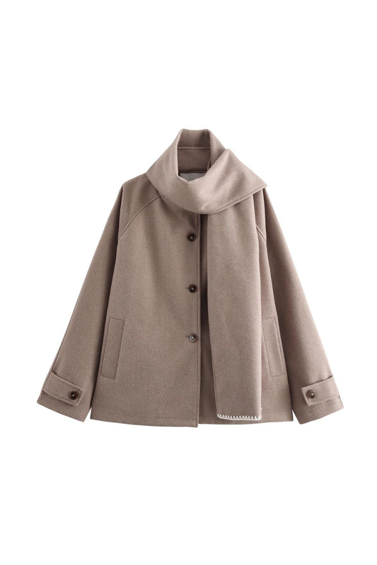 ' Daina' Buttoned Long-Sleeve Coat with Attached Scarf