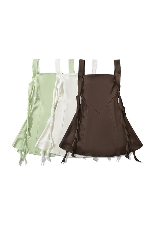'Lucy' Satin Ruffle Trim Tie Waist Mini Sleeveless Skirt (3 Colors)