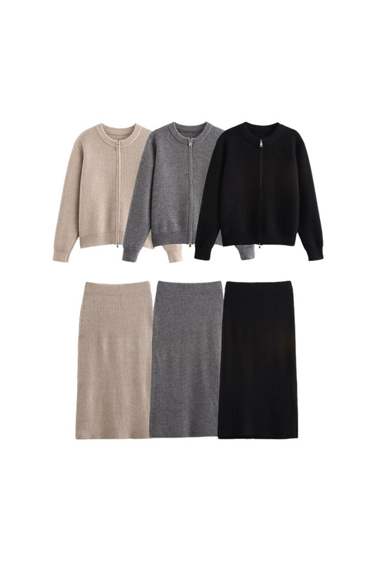 'Everleigh' Two-Way Zippered Round Neck Knit Sweater & Elastic Waist Skirt Set
