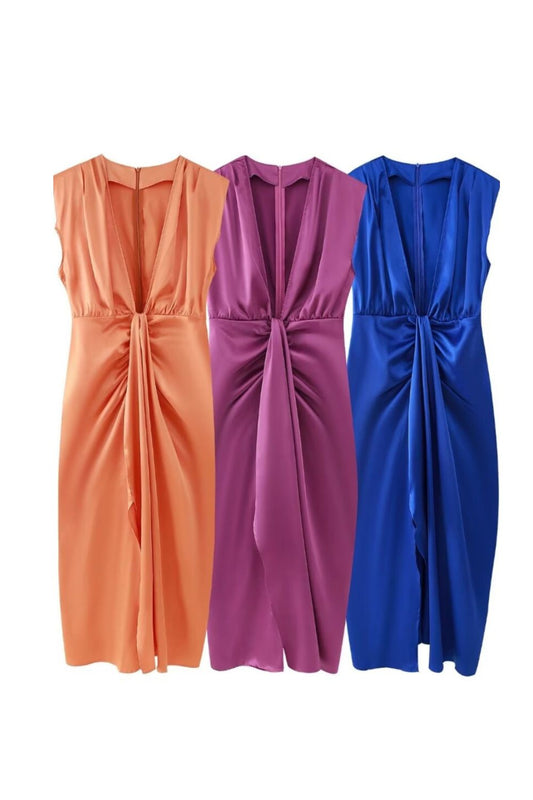 'Freya'  Fitted Pleated Satin Sleeveless Dress (3 Colors)