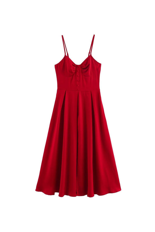 ‘Rosie’  Waist Cinched Pleated Strap MIdi Dress