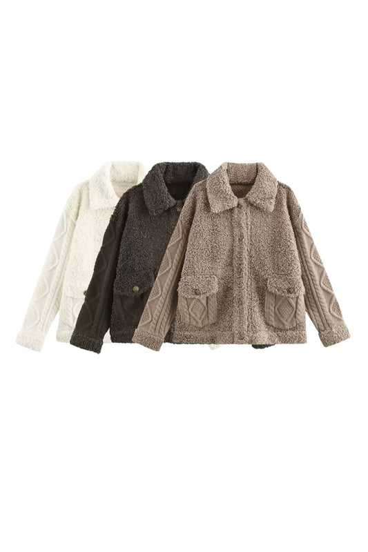 'Gail' Cashmere Cable-Knit Patchwork Pile Jacket
