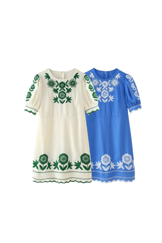 ‘Jenny’Embroidered Short-Sleeve Solid Color Dress
