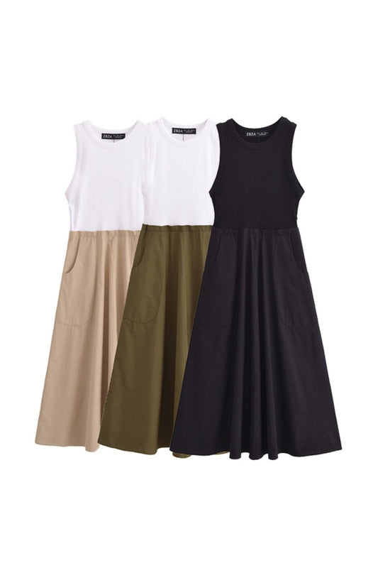 'Hazel' Casual Patchwork Midi Dress with Pockets