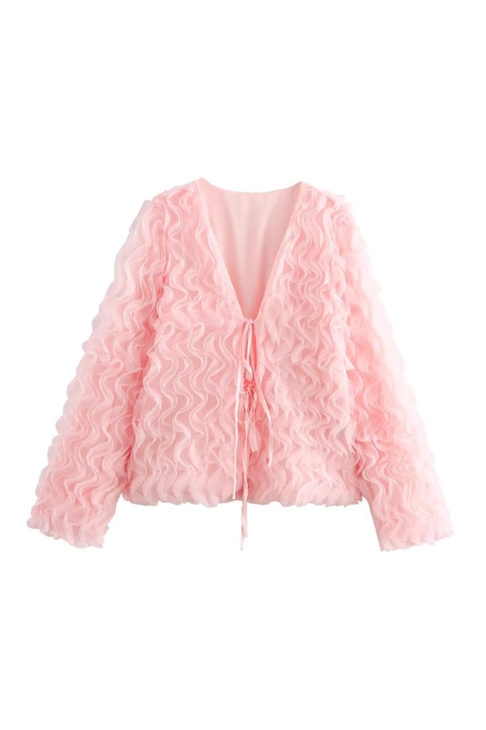 'Zoey' Embellished 3D Floral Waist-Tie Coat