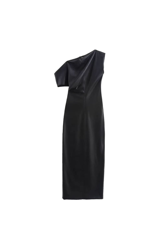 ‘Mila’ Fitted Faux Leather Drape Dress