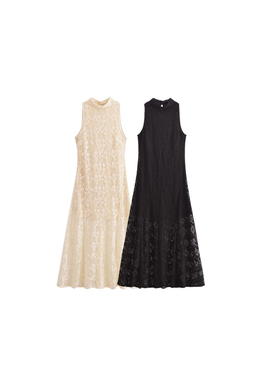 'Sarah' Sleeveless High-Neck Vintage Lace Bell-Sleeved Gown