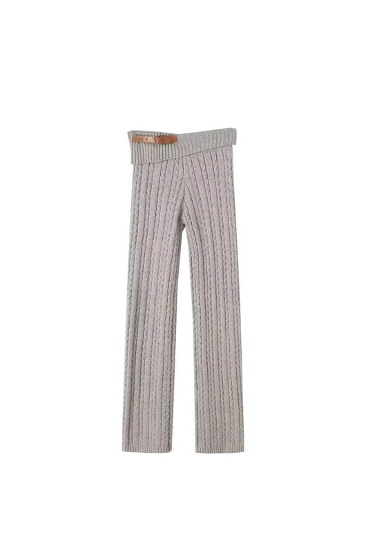 'Heather' Grey Twisted Knit Flap-Waist Pants