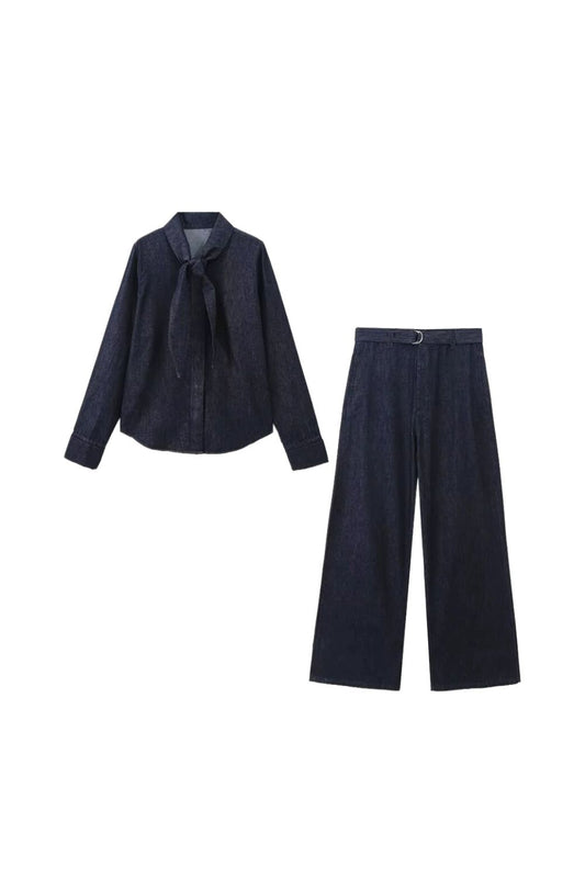 'Athena' Bow-Decorated Denim Shirt & Pants (Sold Separately)