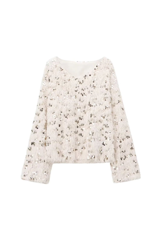 ‘Roberta’ Sequined Feather Long-Sleeve Top