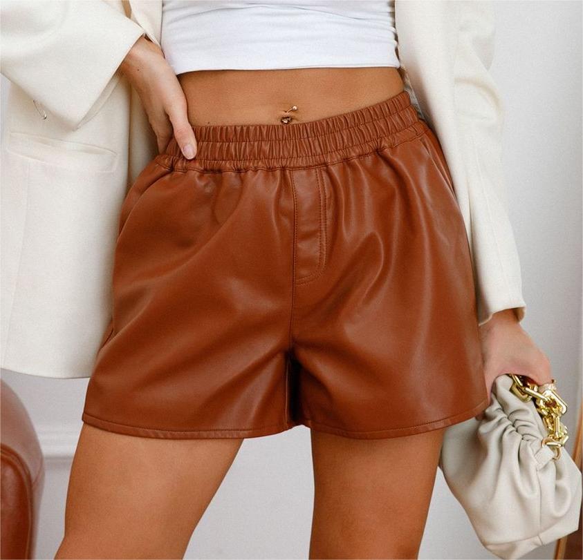 Women Simple Faux Leather Shorts Casual Loose Shorts Bottoms