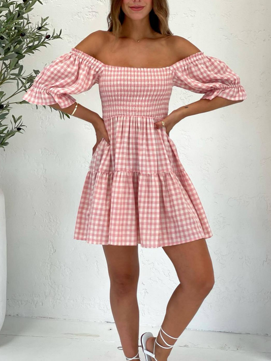 'Olga' Gingham Square-neck Mini Dress