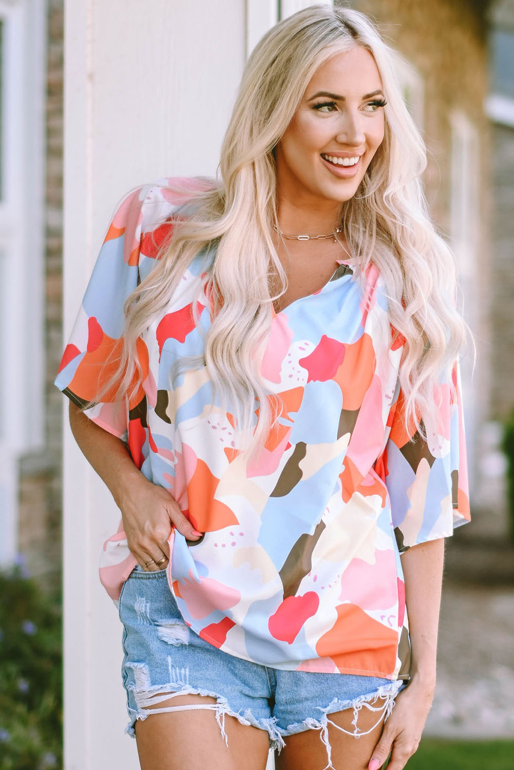 'Alison' Printed Notched Neck Half Sleeve Blouse