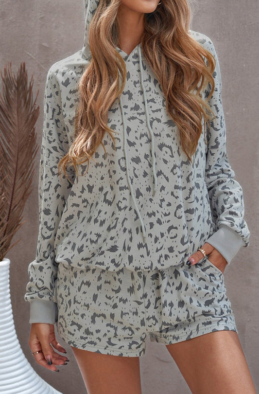 Animal Print Drawstring Detail Hoodie and Shorts Lounge Set
