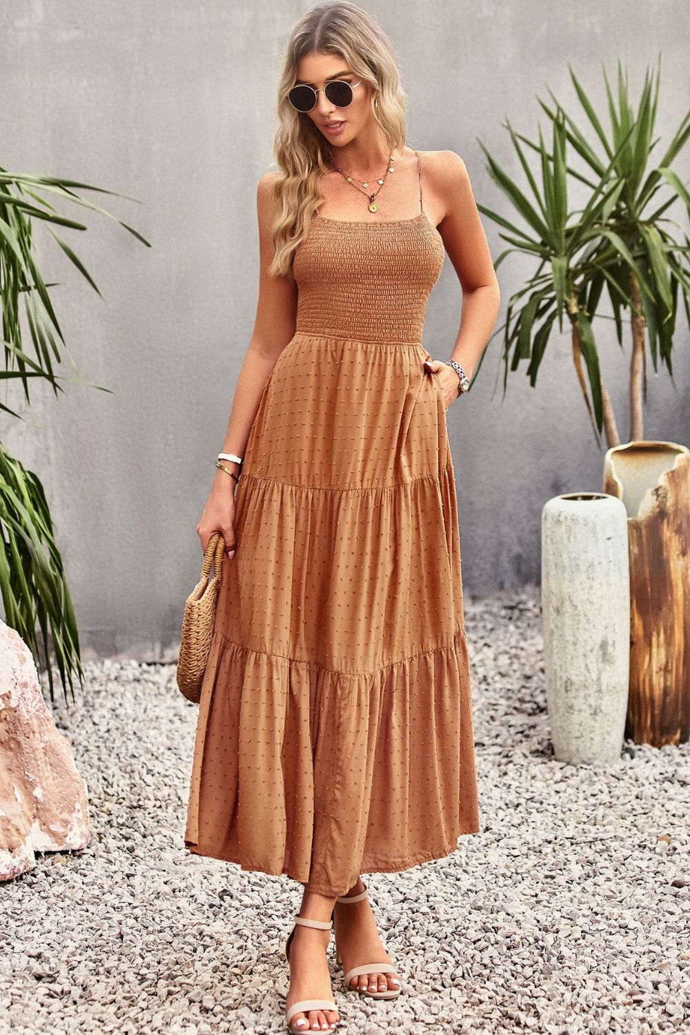 'Irene' Smocked Lace-Up Tiered Dress