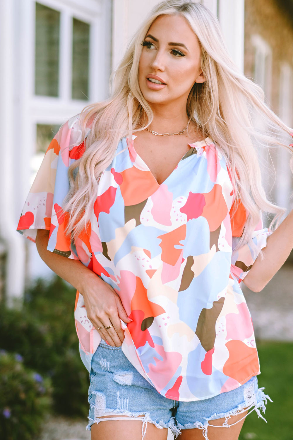 'Alison' Printed Notched Neck Half Sleeve Blouse