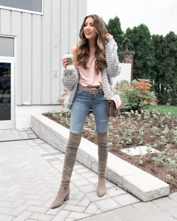 Knee Boots Gray Boots Outfits Jeans And Long Boots Outfit Casual