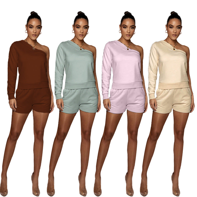 Urban Casual Solid Color Pullover off-the-Shoulder Shorts Women Fleece Lined Slim Fit Long Sleeve Sweater Set