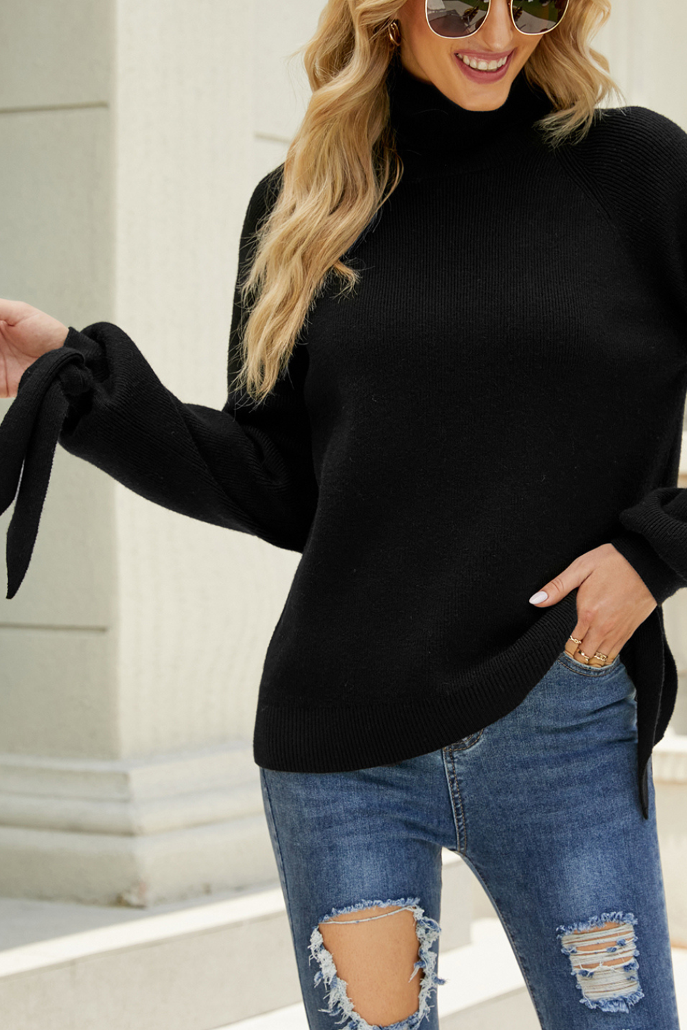 'Gina' Turtleneck Sweater With Tied Sleeve (5 Colors)