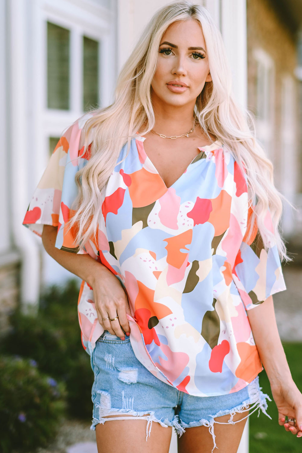 'Alison' Printed Notched Neck Half Sleeve Blouse