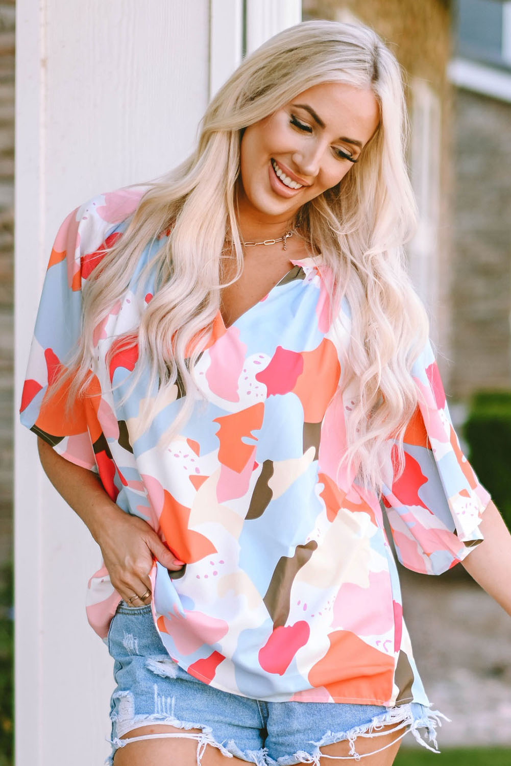 'Alison' Printed Notched Neck Half Sleeve Blouse